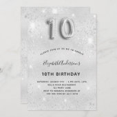 10歳の誕生日シルバーグリッター 招待状 (正面/裏面)