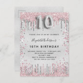 10歳の誕生日シルバーピンクの金属グリッターの塵 インビテーションポストカード (正面/裏面)