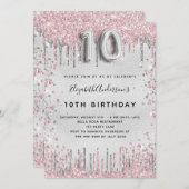 10歳の誕生日シルバーピンクの金属グリッターの塵 招待状 (正面/裏面)