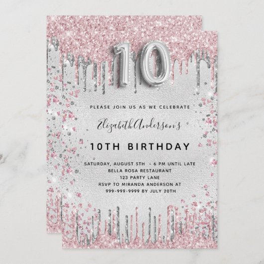 10歳の誕生日シルバーピンクの金属グリッターの塵 招待状 (正面/裏面)