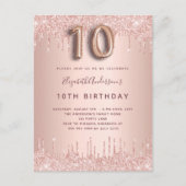 10歳の誕生日バラ金ゴールドグリッターはピンクのガラスを乾燥 インビテーションポストカード (正面)