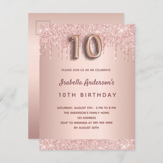 10歳の誕生日バラ金ゴールドグリッターはピンクのガラスを乾燥 ポストカード (正面/裏面)