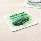 10歳の誕生日パーティグリーンレーシングカー スクエアペーパーコースター (アングル)