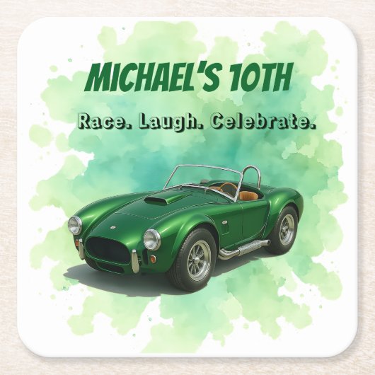 10歳の誕生日パーティグリーンレーシングカー スクエアペーパーコースター (正面)