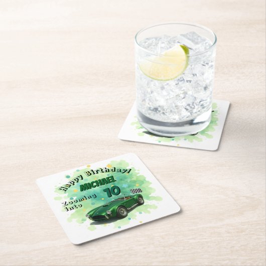 10歳の誕生日パーティグリーンレーシングカー スクエアペーパーコースター (インサイチュ)