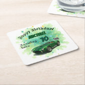 10歳の誕生日パーティグリーンレーシングカー スクエアペーパーコースター (アングル)