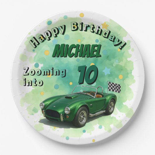 10歳の誕生日パーティグリーンレーシングカー ペーパープレート (正面)