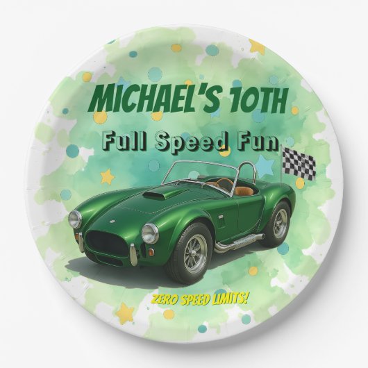 10歳の誕生日パーティグリーンレーシングカー ペーパープレート (正面)