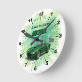 10歳の誕生日パーティグリーンレーシングカー ラウンド壁時計 (傾斜)
