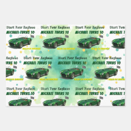 10歳の誕生日パーティグリーンレーシングカー ラッピングペーパーシート