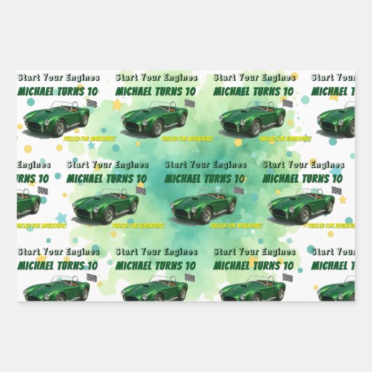10歳の誕生日パーティグリーンレーシングカー ラッピングペーパーシート (正面)