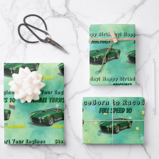 10歳の誕生日パーティグリーンレーシングカー ラッピングペーパーシート (正面)