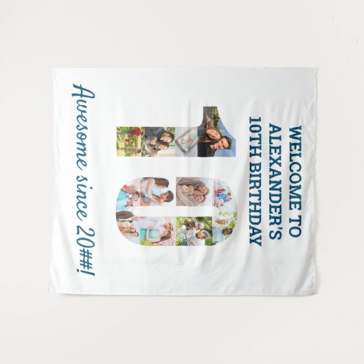 10歳の誕生日パーティー写真コラージュ背景 タペストリー (正面(横))