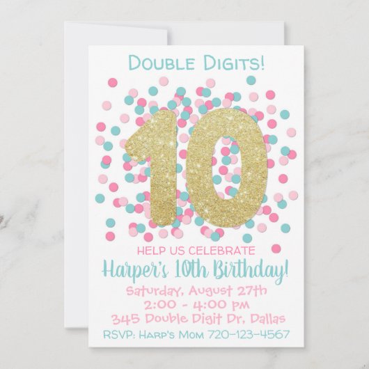 10歳の誕生日パーティー招待状 ダブルディジットの誕生日 招待状 (正面)