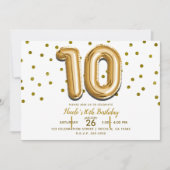 10歳の誕生日パーティー用のゴールドバルーンと紙吹雪10個セット 招待状 (正面)