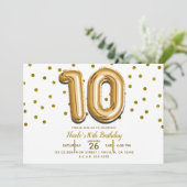 10歳の誕生日パーティー用のゴールドバルーンと紙吹雪10個セット 招待状 (スタンド正面)