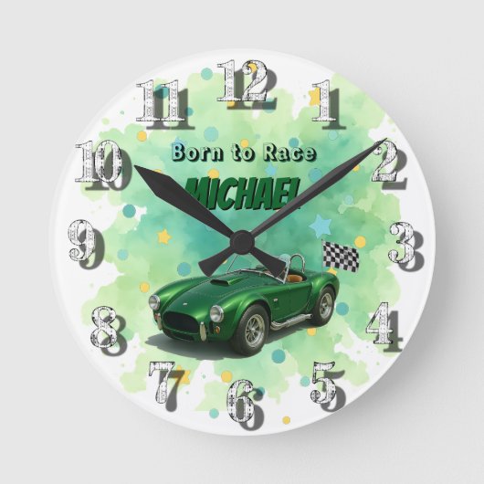 10歳の誕生日パーティー グリーン レーシングカー ラウンド壁時計 (正面)