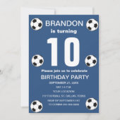 10歳の誕生日パーティー サッカー 青い少年 スポーツ 招待状 (正面)
