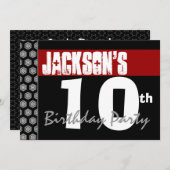 10歳の誕生日パーティー モダンな赤 黒 白 招待状 (正面/裏面)