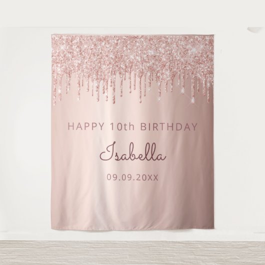 10歳の誕生日パーティー ローズゴールド グリッター ドリップ ガール タペストリー (正面)
