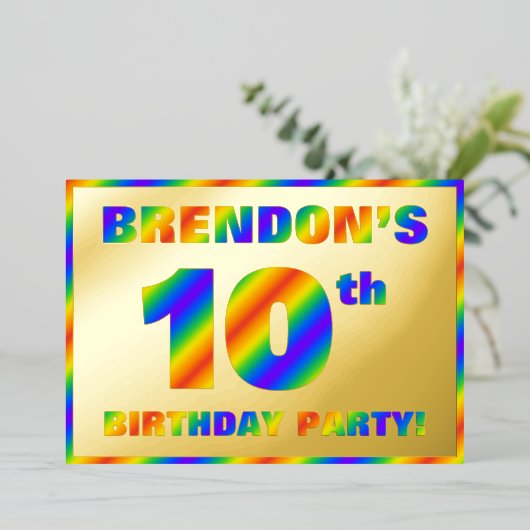 10歳の誕生日パーティー - 楽しい虹のスペクトル「10」 箔招待状 (立ち正面)