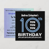 10歳の誕生日パーティー 現代的な青と黒 B451 招待状 (正面/裏面)