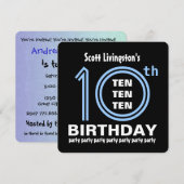 10歳の誕生日パーティー 現代的な青と黒 B451A 招待状 (正面/裏面)