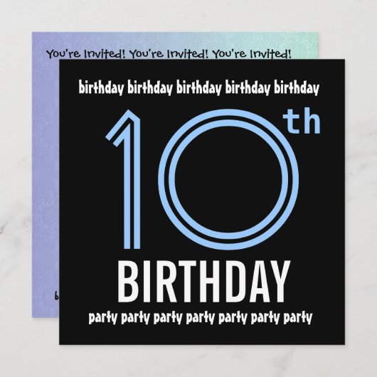 10歳の誕生日パーテモダンィー青と黒W689 招待状 (正面/裏面)