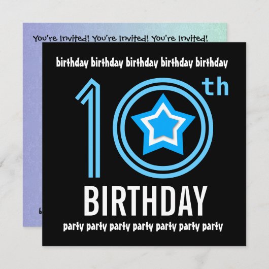 10歳の誕生日パーテモダンィー青と黒W689 招待状 (正面/裏面)