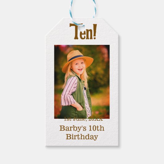 10歳の誕生日フォト 名前 日付 シンプル ブラウン ベージュ b ギフトタグ (正面)
