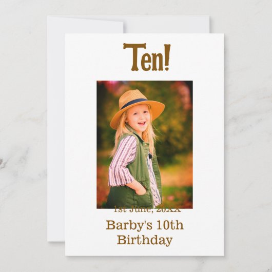 10歳の誕生日フォト 名前 日付 シンプル ブラウン ベージュ b 招待状 (正面)