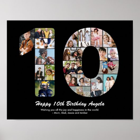 10歳の誕生日プレゼントに最適な、10枚の写真を飾れるオリジナルフォトコラージュ ポスター (正面)