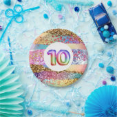 10歳の誕生日レインボーグリッターカラフルパーティー ペーパープレート (パーティー)