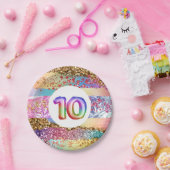10歳の誕生日レインボーグリッターカラフルパーティー ペーパープレート (パーティー)