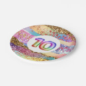 10歳の誕生日レインボーグリッターカラフルパーティー ペーパープレート (アングル)