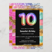 10歳の誕生日レインボーグリッターカラフルパーティー 招待状 (正面/裏面)