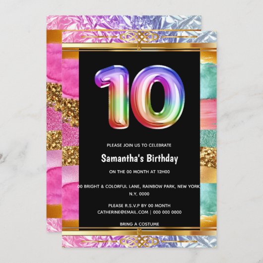 10歳の誕生日レインボーグリッターカラフルパーティー 招待状 (正面/裏面)