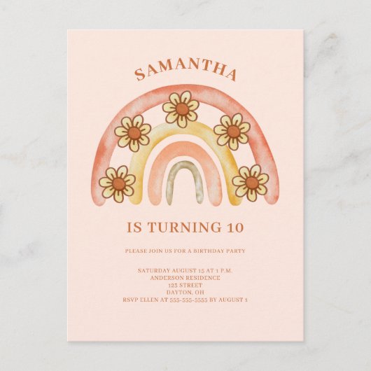 10歳の誕生日レトロボホレインボー招待状 ポストカード (正面)