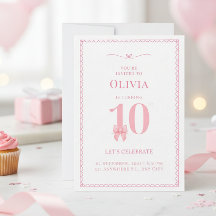 10歳の誕生日会の招待状 女の子 ピンクのリボン