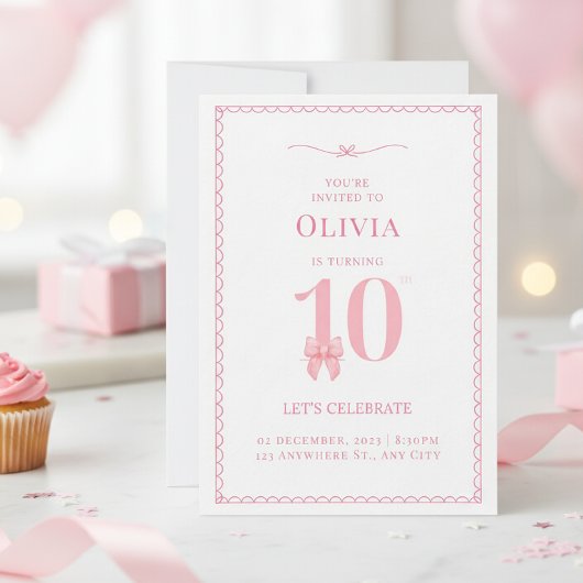 10歳の誕生日会の招待状 女の子 ピンクのリボン 招待状