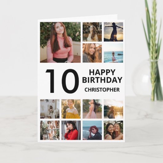 10歳の誕生日写真コラージュ 13枚の写真 黒白 カード (正面)