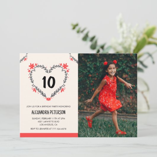 10歳の誕生日招待状のフローラハート 招待状 (スタンド正面)