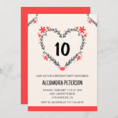 10歳の誕生日招待状のフローラハート 招待状 (正面/裏面)