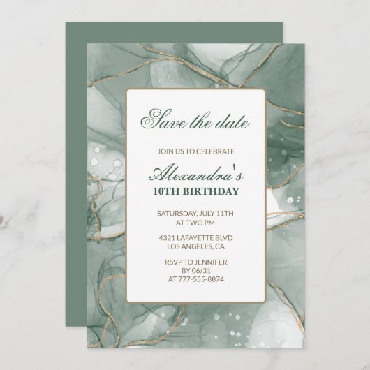 10歳の誕生日招待状日付を保存する緑 招待状 (正面/裏面)