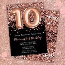 10歳の誕生日招待状 ブラック ローズゴールド グリッター