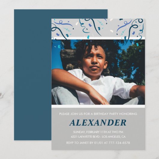 10歳の誕生日招待状 男の子 コンフェッティ フォト ネイビー 招待状 (正面/裏面)