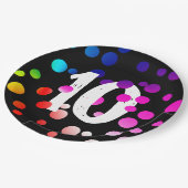 10歳の誕生日虹色のドットが黒の紙皿に ペーパープレート (アングル)