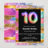 10歳の誕生日虹色グリッターカラフルパーティー 招待状 (正面/裏面)