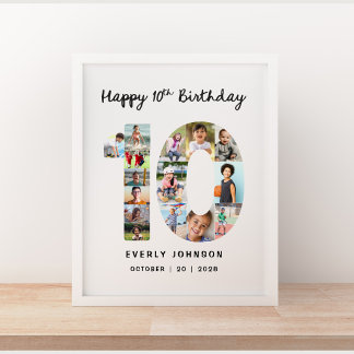 10歳の誕生日記念の数字を使った16x20インチのフォトコラージュポスター ポスター