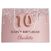 10歳の誕生日赤面ピンクのグリッターのドライブ名 ラージペーパーバッグ (正面)